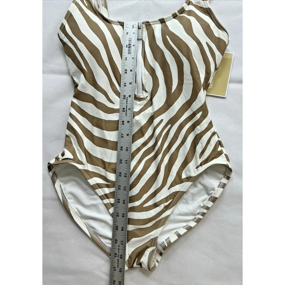 NEW Michael Kors Women's One Piece Swimsuit Size 10 Tan White Zebra Print Zipper